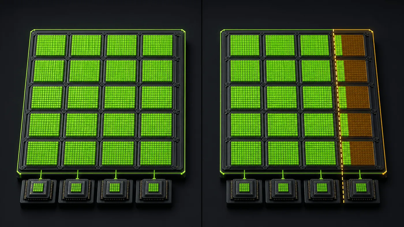 左右並排的 GPU 固定磁磚示意圖；左側資料完整填滿每塊綠色磁磚，右側最後一欄只有窄窄一條有效資料，其餘橘色區域仍需啟動運算