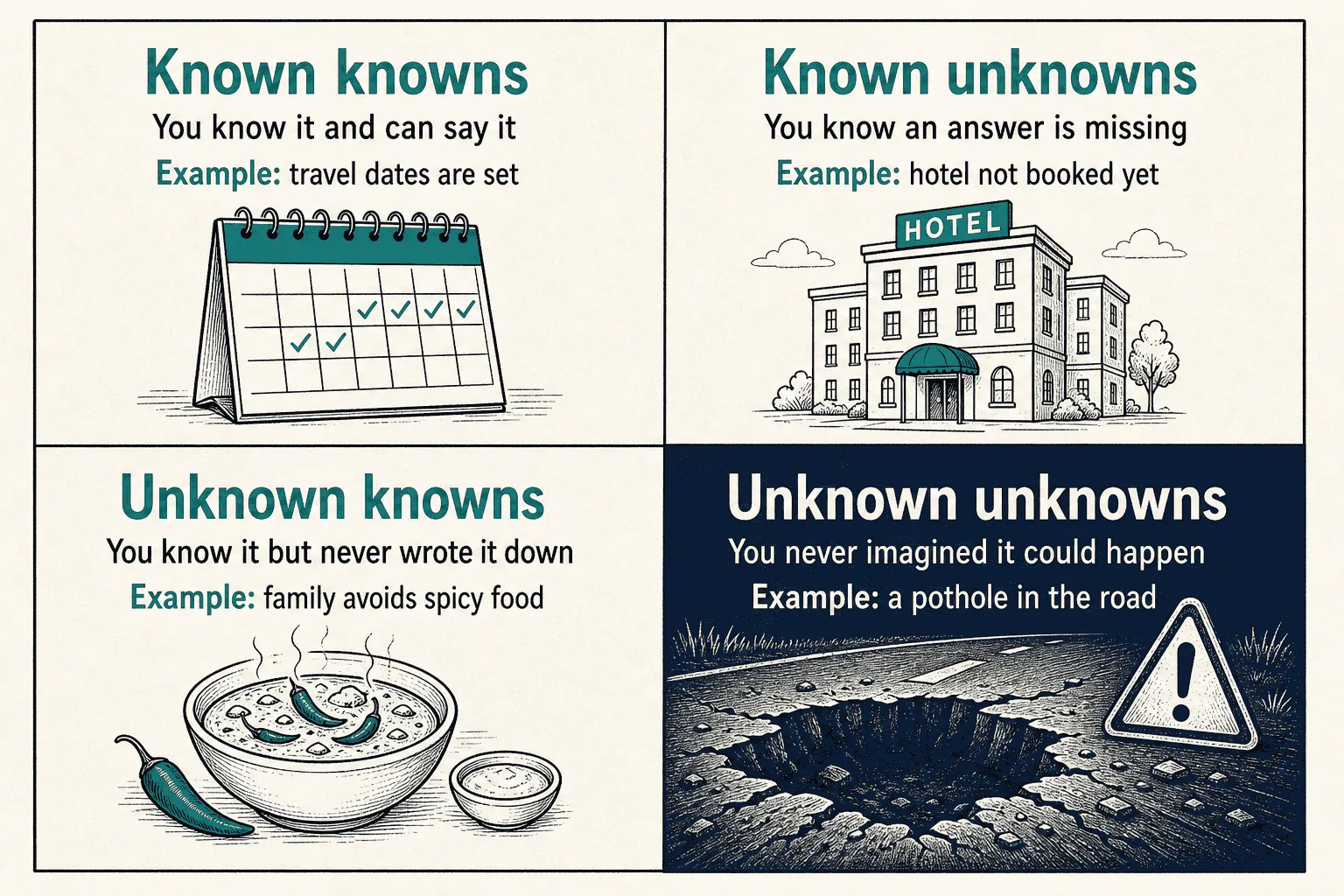 A four-quadrant diagram with English labels, definitions, and everyday examples for known knowns, known unknowns, unknown knowns, and unknown unknowns, with the unknown unknowns quadrant shown as a dark pothole warning