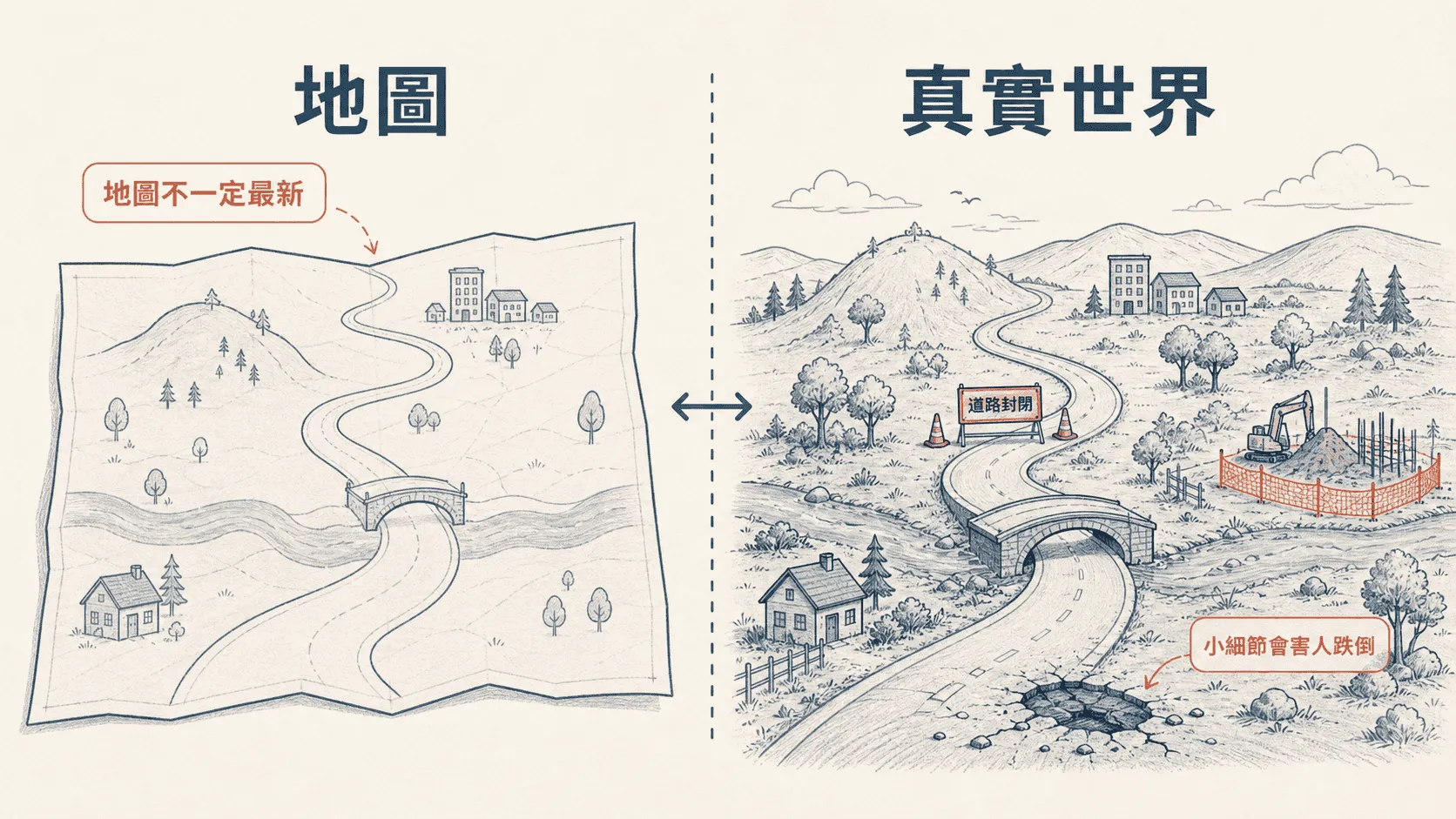 同一片地景被分成左側地圖和右側真實世界，真實世界多了地圖沒有標出的道路封閉、工地和坑洞