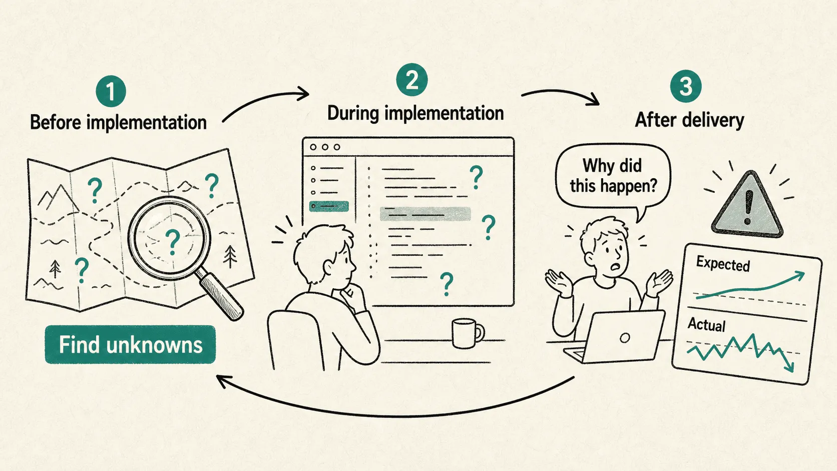 A three-step loop showing unknown discovery before implementation through a map scan, during implementation through question marks in an editor, and after implementation through warning signs, a surprised user bubble, and expected-versus-actual mismatch